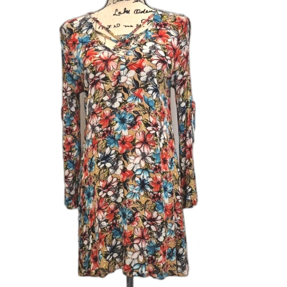 Umgee Dress Tunic L Floral Tie Sleeve V Neck Crinkle Gauzy Lightweight Flowy